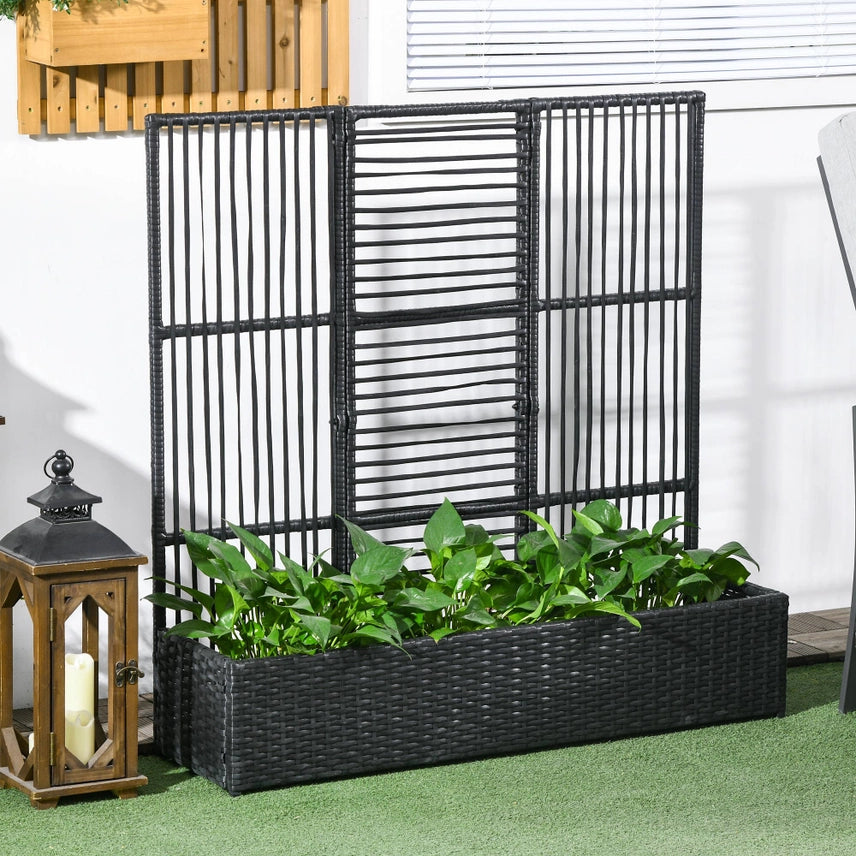 Set di 2 Fioriere con traliccio, resistente alle intemperie, in polyrattan, nero