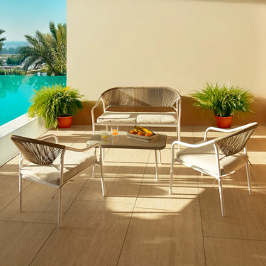 SOGGIORNO DA GIARDINO IN ACCIAIO BIANCO O CORALLO E RATTAN SINTETICO NATURALE SANTORINI