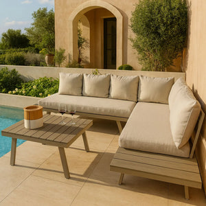 Set di mobili da giardino CALVI in alluminio color sabbia con cuscini in olefina