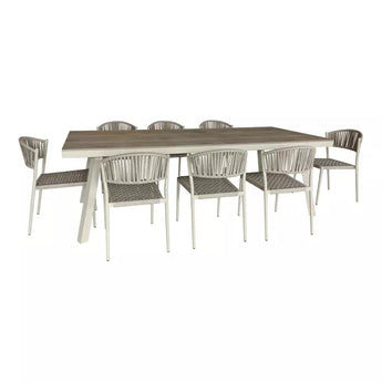 SET DA GIARDINO CON TAVOLO RETTANGOLARE 230X100X74CM E 8 SEDIE IN ALLUMINIO SABBIA E CORDA FIGARI