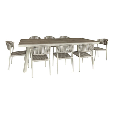 Set da giardino FIGARI con tavolo rettangolare (230x100x74cm) e 8 sedie in alluminio e corda color sabbia
