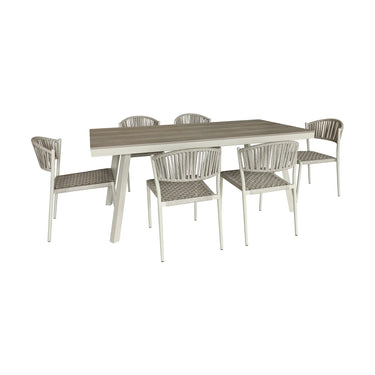 Set da giardino FIGARI con tavolo rettangolare da 180 cm e 6 sedie in alluminio color sabbia e corda color tortora
