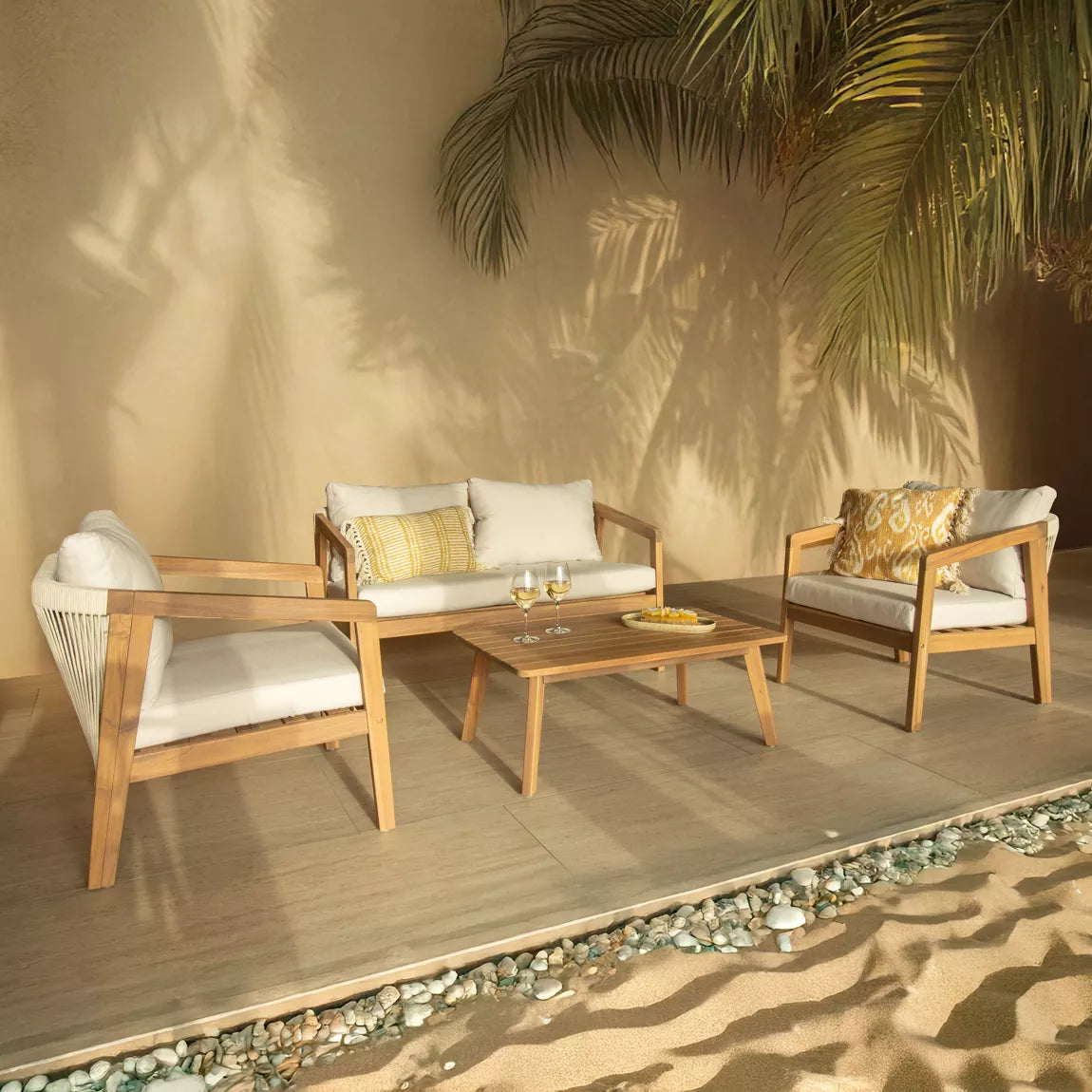 Aruba 5-piece garden lounge set + corner (including cushions) - White - Teak