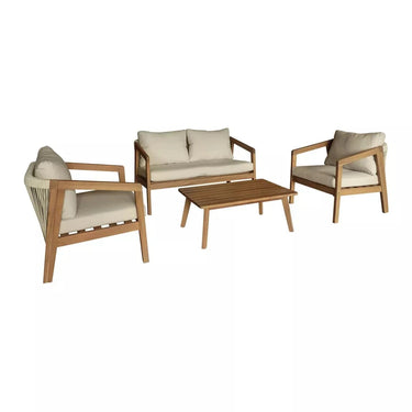 SOGGIORNO DA GIARDINO IN LEGNO DI ACACIA CON SCHIENALE IN CORDA E CUSCINI BEIGE FIJI