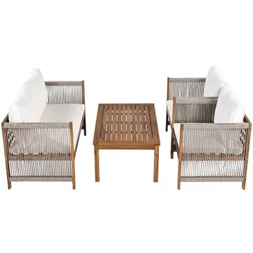 Set da giardino in rattan beige, composto da 4 pezzi con cuscini confortevoli, legno di acacia TESCODS