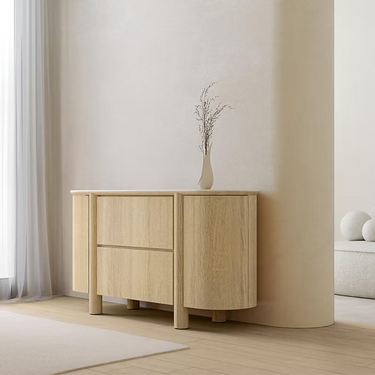 Credenza con cassetti CECILE, arrotondata, rovere naturale, piano in travertino