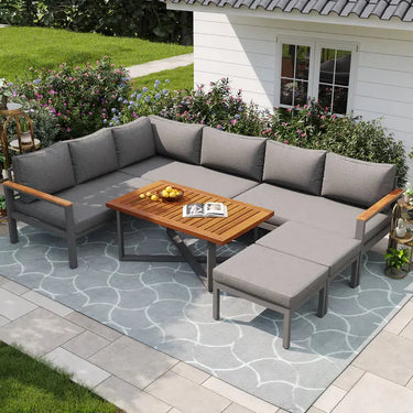 Set da giardino modulare per 7-8 persone + tavolino effetto legno e 2 sgabelli grigi KUN