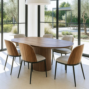Set tavolo allungabile effetto noce + 6 sedie a doghe 180x220cm SIERRA
