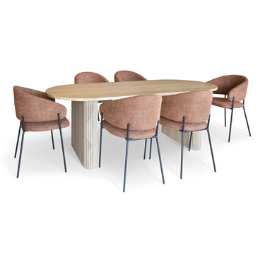 Tavolo QUITO 220cm effetto legno naturale + 6 poltrone in tessuto tweed color mattone