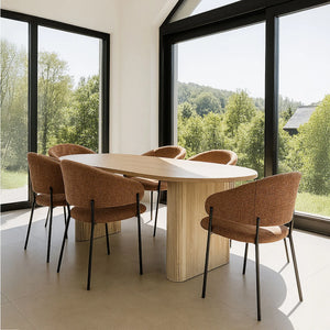 Tavolo QUITO 220cm effetto legno naturale + 6 poltrone in tessuto tweed color mattone