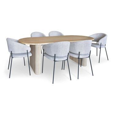 Tavolo QUITO 220cm effetto legno naturale + 6 poltrone in tessuto tweed color Latte