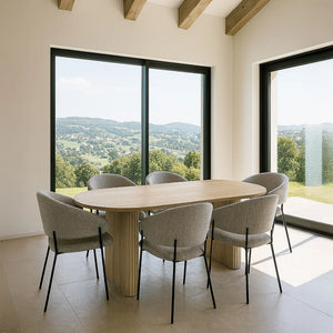 Tavolo QUITO 220cm effetto legno naturale + 6 poltrone in tessuto tweed color Latte