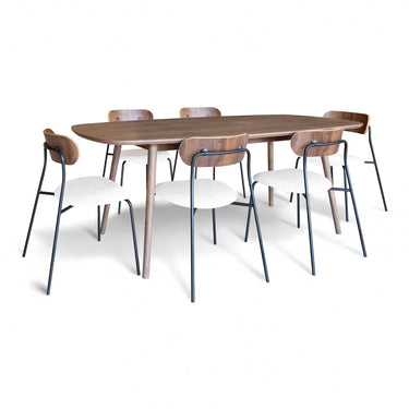 Set tavolo rettangolare CALLAO con finitura in legno effetto noce + 6 sedie in tessuto bouclé ecrù