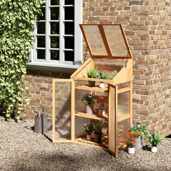 Mini-serra, piccola serra con telaio in legno, marrone