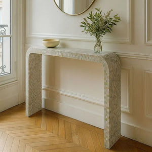 ZINA Tavolo consolle in conchiglia Capiz verde fatto a mano 115x30x76cm