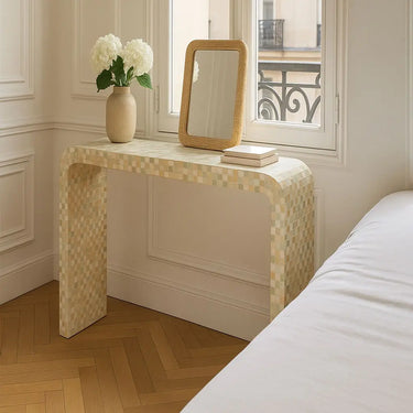 ZINA Tavolo consolle in conchiglia Capiz verde fatto a mano 115x30x76cm
