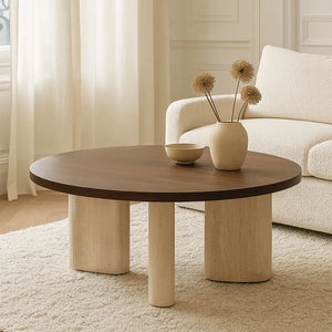 Tavolino rotondo effetto travertino e noce 80x80xht36cm AMBRA