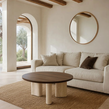 Tavolino rotondo effetto travertino e noce 80x80xht36cm AMBRA