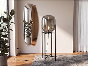 Lampada da terra in vetro effetto specchio fumé grigio e acciaio nero