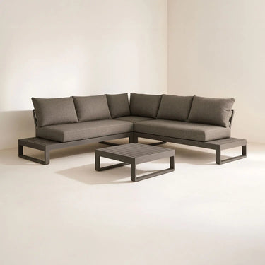 Set di mobili da giardino MADRAGUE in alluminio e polywood con cuscini e sedute in spugna 100% poliestere, colore moka