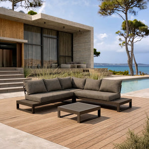 Set di mobili da giardino MADRAGUE in alluminio e polywood con cuscini e sedute in spugna 100% poliestere, colore moka