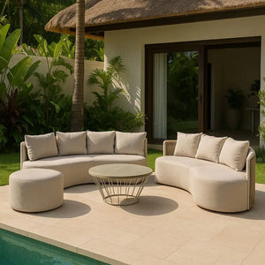 Set di mobili da giardino in alluminio color sabbia con pouf e tavolino con piano in polywood BELLAGIO