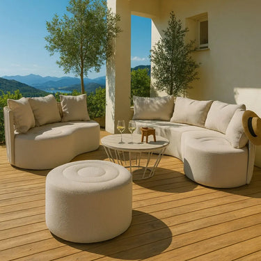 Set di mobili da giardino in alluminio color sabbia con pouf e tavolino con piano in polywood BELLAGIO