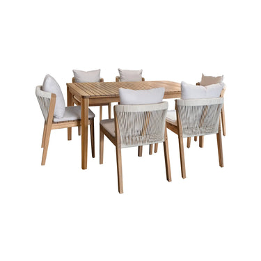 Set da giardino Fiji con tavolo rettangolare e 6 sedie in legno di acacia con cuscini bianchi.