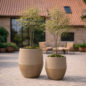 Set di 2 vasi rotondi e bassi in terracotta, alti 35/49 cm.