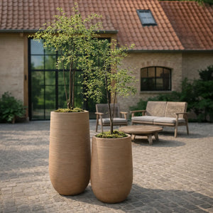 Set di 2 vasi alti rotondi in terracotta fibrosa, alti 55/75 cm.