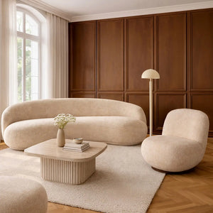 Divano curvo MARLO a 3 posti in tessuto ciniglia beige 231x116x73cm