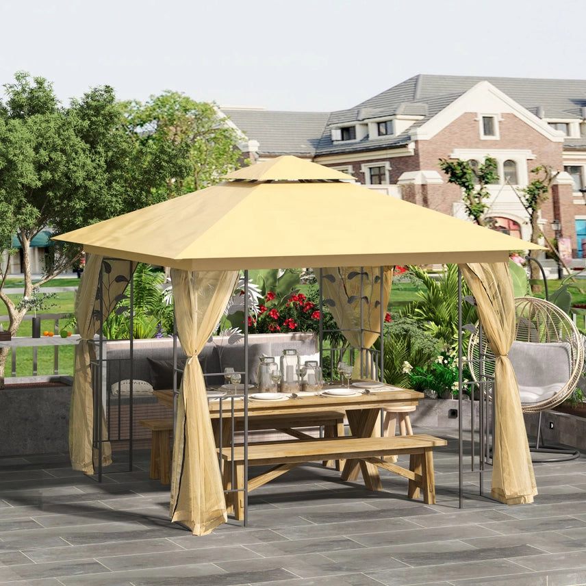 Gazebo Padiglione di lusso 3x3 m per giardino con doppio tetto, beige