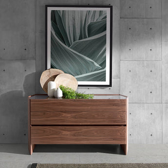 CREDENZA/CASSAPANCA ESAGONALE IN LEGNO DI NOCE E VETRO TEMPERATO