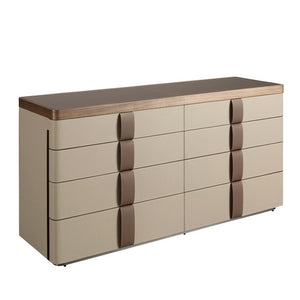Cassettiera Comò in similpelle, noce, base in acciaio lucido e piano in vetro fumé marrone