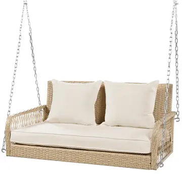 Altalena da giardino a 2 posti in rattan beige con cuscini spessi, esterno, schienale lavabile 113x54x53cm THALDRAITH