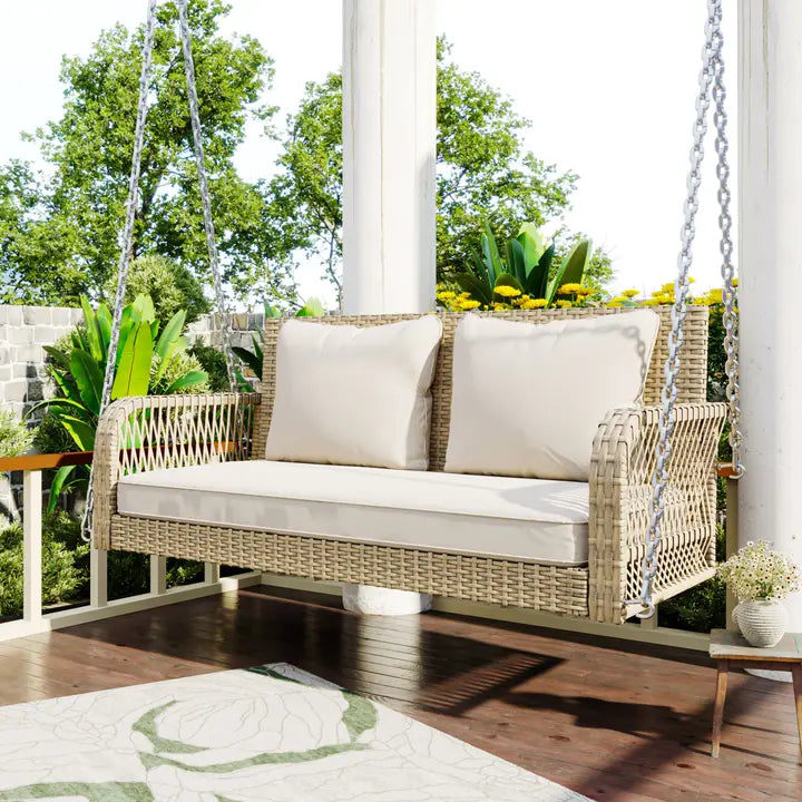 Altalena da giardino a 2 posti in rattan beige con cuscini spessi, esterno, schienale lavabile 113x54x53cm THALDRAITH