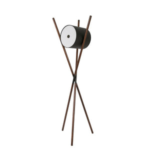 Lampada da terra in legno rivestita in similpelle nera e noce scuro