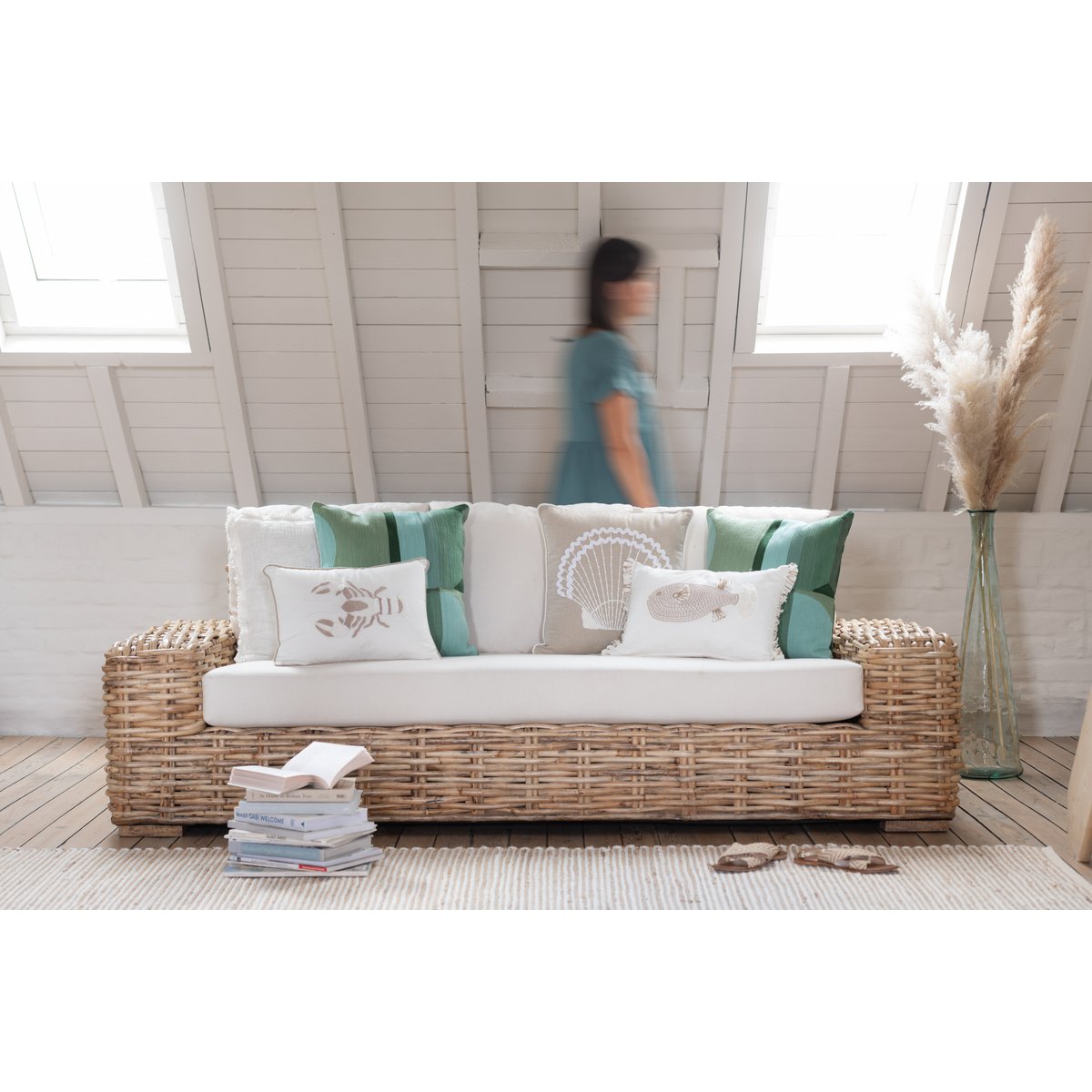 Sofa+cushion 3 people Rattan/Natural/White fabric