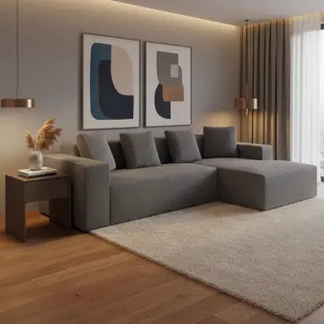 Divano angolare in velluto a coste grigio con chaise longue senza montaggio 261x146x65cm VERTEXKAELISYNATH