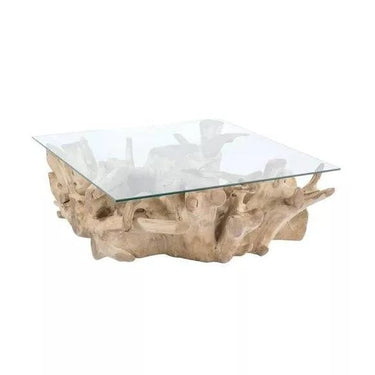 TAVOLINO RADICE TEAK MASSELLO / TOP VETRO105X105XH40SARANNAH