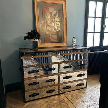 Cassettiera iliade 6 cassetti 150x49xht100cm pelle marrone inox