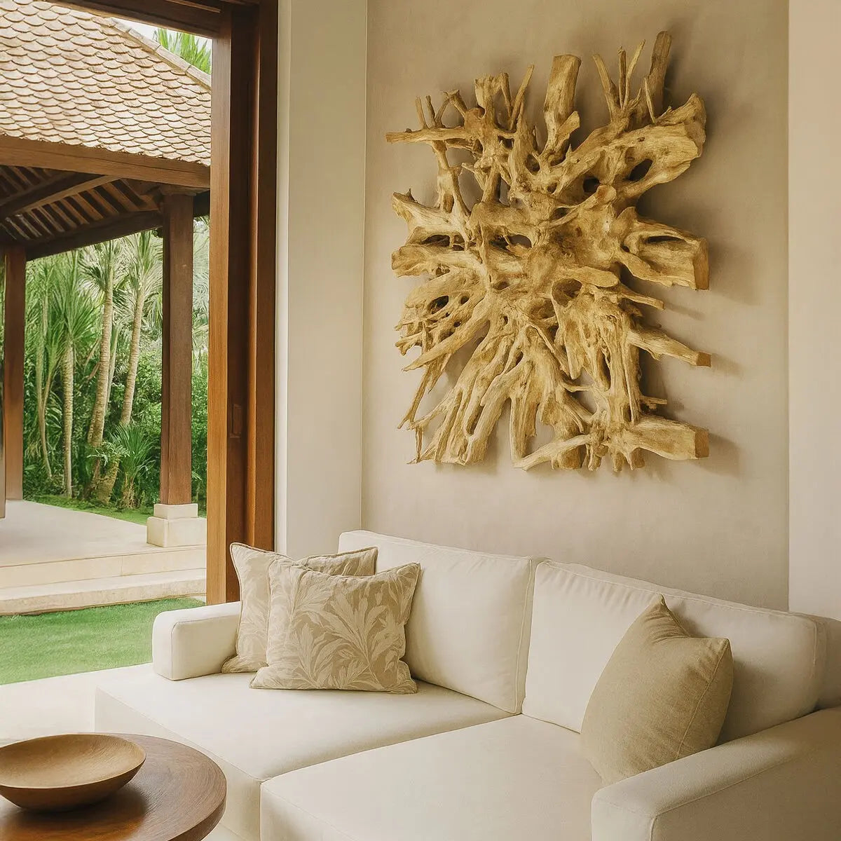 Decorazione murale in vera radice di teak, colore naturale, 160x160x15cm, SARANNAH