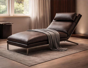 Poltrona Lounge in Pelle Marrone con Base in Acciaio Inox