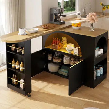 Isola da cucina tavolo bar girevole estensibile nero con illuminazione a LED e ruote LAMP RESIN