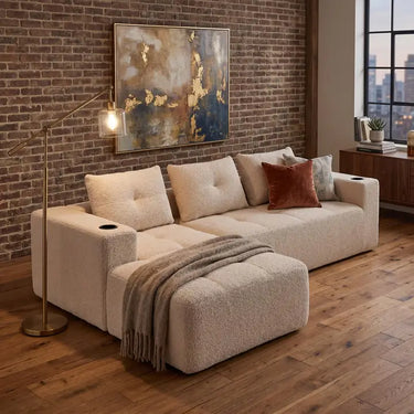 Divano angolare 3 posti in ciniglia beige con chaise longue e portabicchieri 258 cm CASCADECASCDD