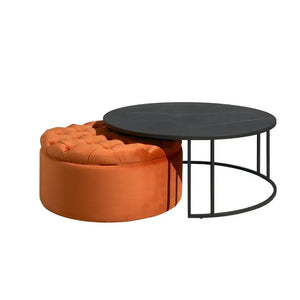 Set tavolino centrale e pouf terracotta con piano capitonné