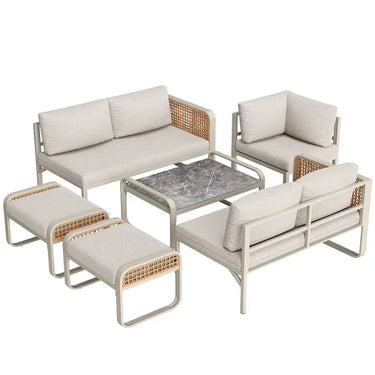 Salotto da giardino in rattan intrecciato 6-7 persone beige, divano ad angolo, tavolino effetto marmo grigio, cuscini inclusi INFINITEKORR