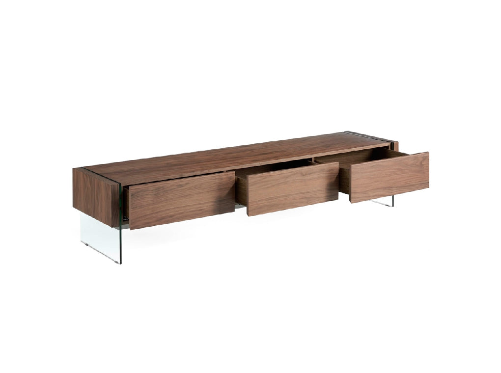TV STAND IN WALNUT WOOD AND TEMPERED GLASS