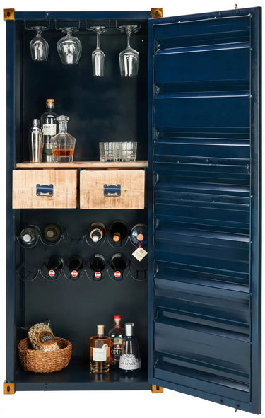 Mobile Bar Stile Container Industriale in Ferro – 74x40x176 cm – Con Porta Bottiglie, Bicchieri e Cassetti in Legno