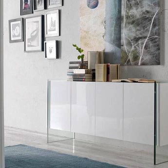 SIDEBOARD IN WHITE WOOD AND TEMPERED GLASS